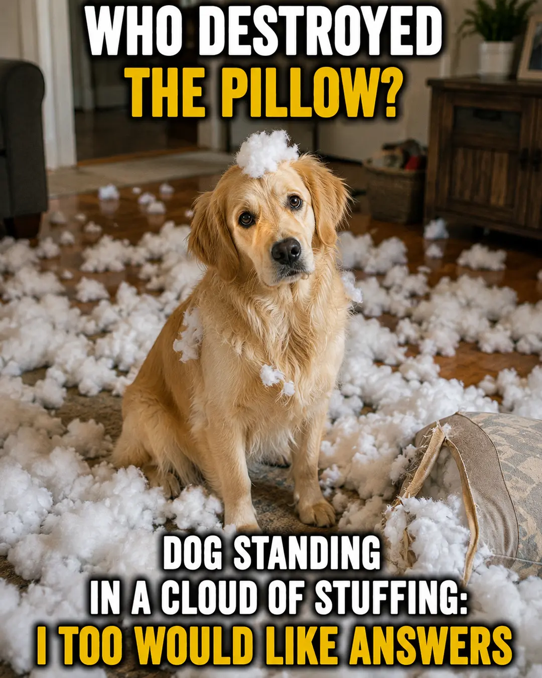 A suspiciously innocent dog sits amid a sea of pillow stuffing, looking just as eager as its owner to find the mysterious culprit.