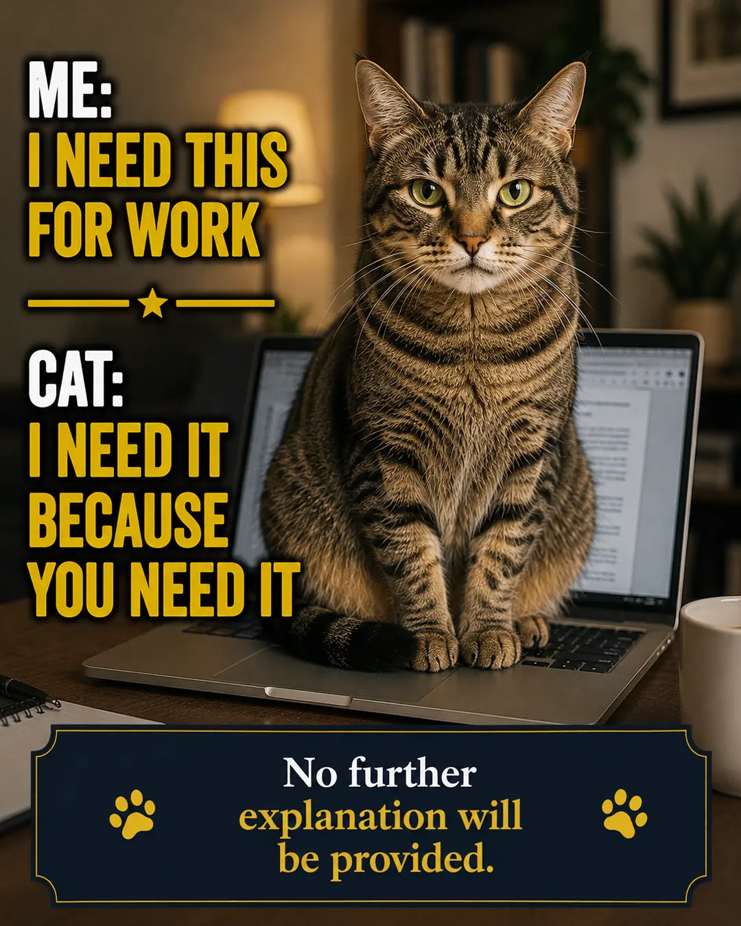 A determined cat sits directly on a laptop, calmly claiming the computer simply because its owner needs it for work.