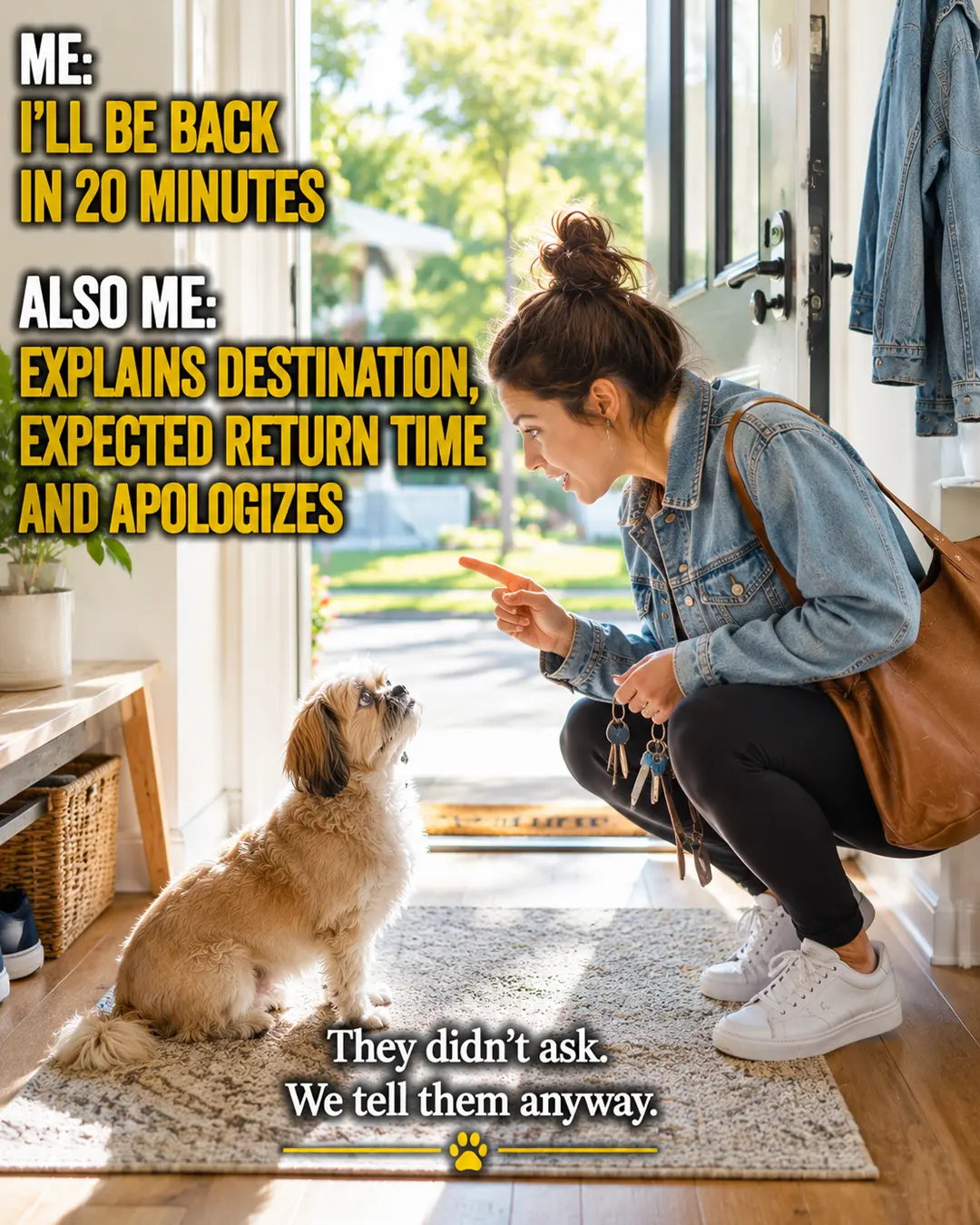 A woman gives her dog an elaborate goodbye at the front door, explaining where she's going, when she'll return, and apologizing for leaving.