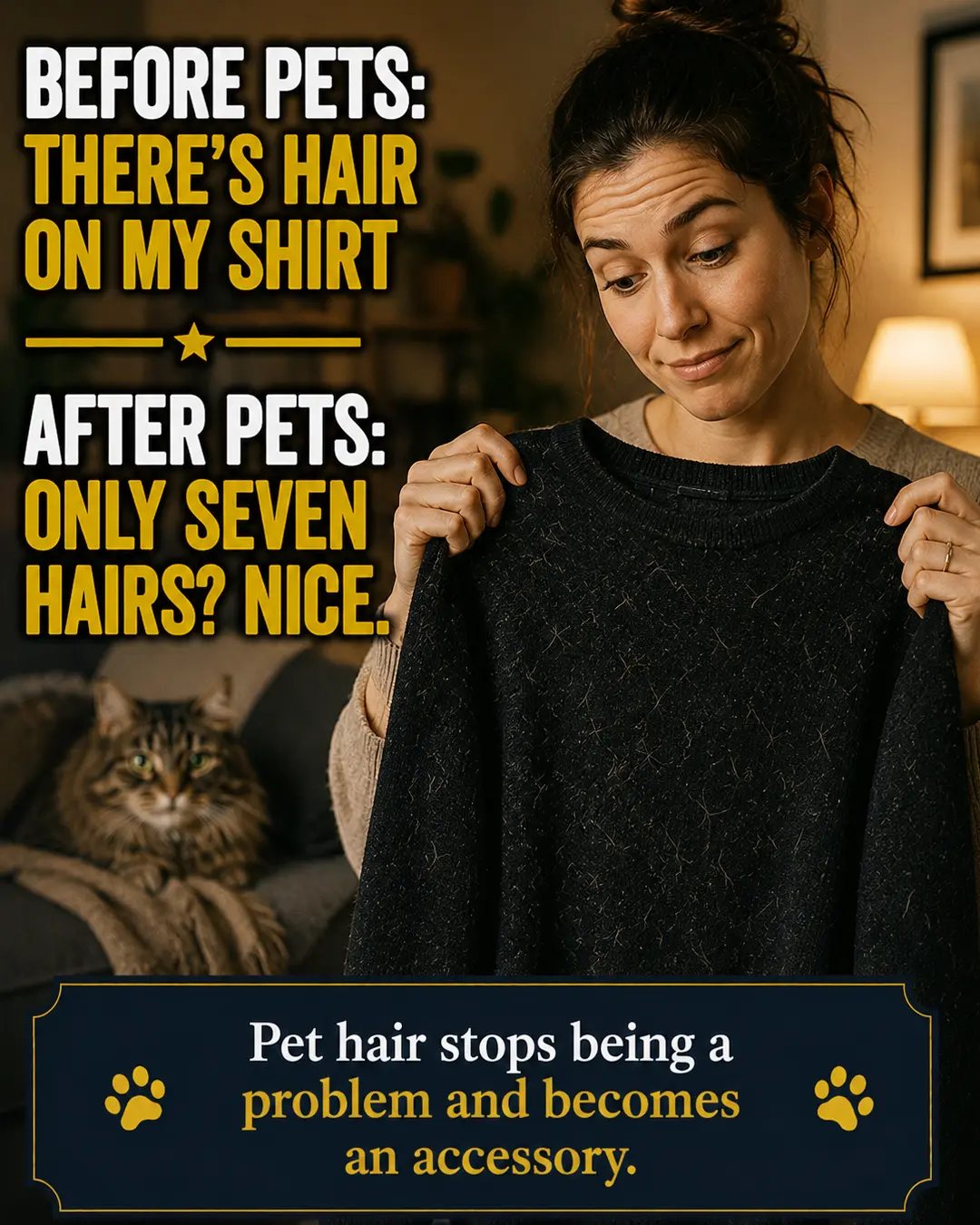 A pet owner inspects a dark sweater covered in fur, realizing that a little pet hair now counts as practically spotless.