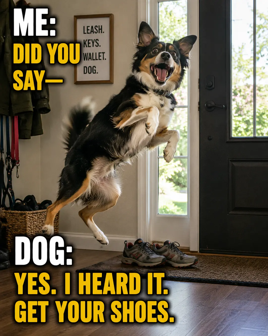 An excited dog leaps by the front door, instantly ready for a walk before its owner can even finish the question.