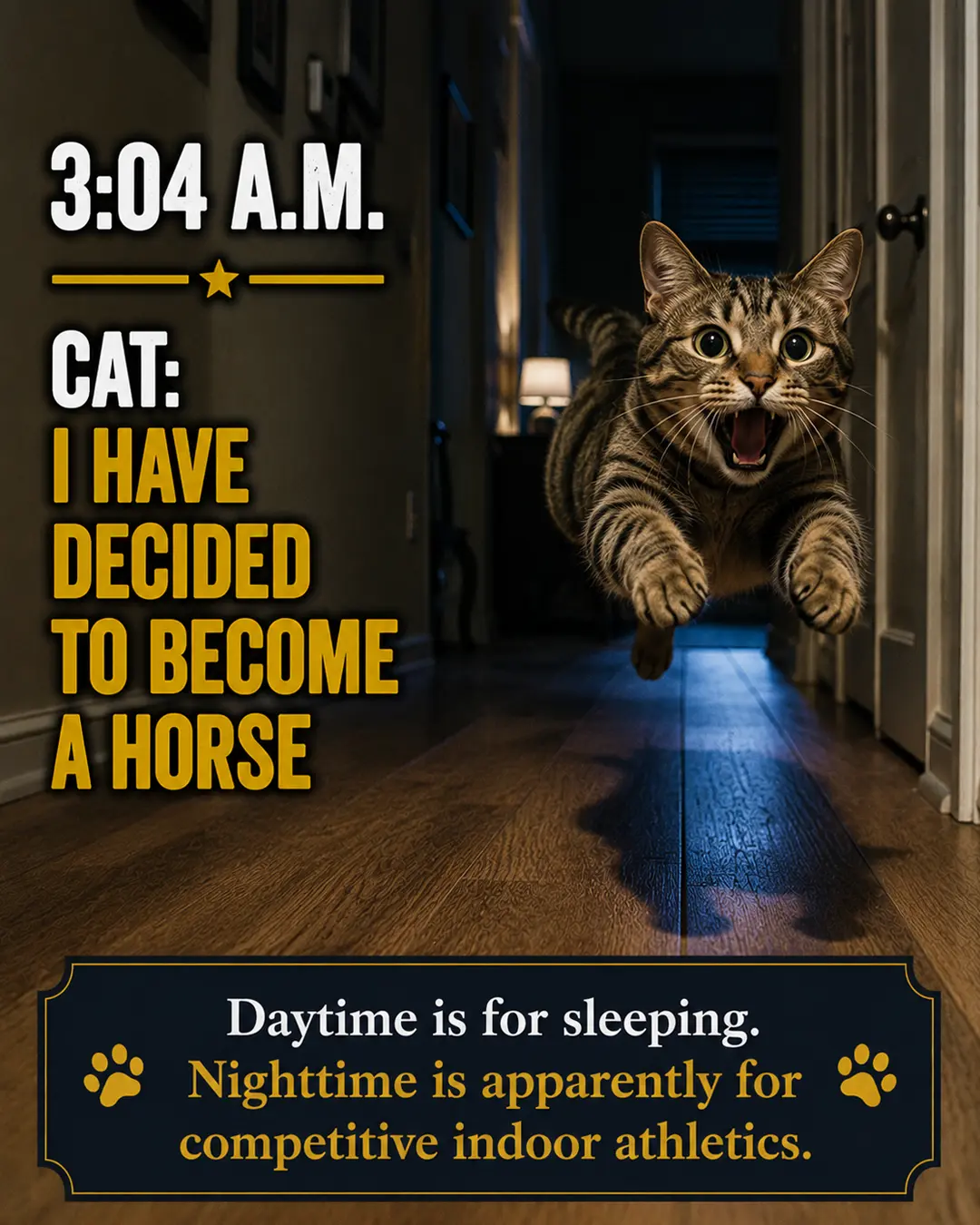 A wide-eyed cat races wildly down the hallway at 3:04 a.m., turning the quiet house into its own late-night indoor racetrack.