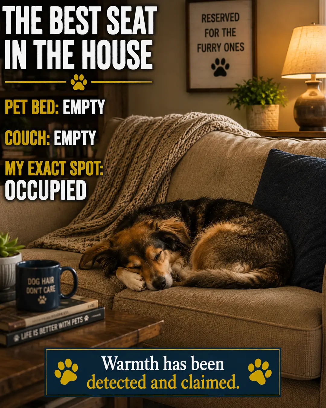 A contented dog curls up in its owner's exact spot on the couch, ignoring every other available seat after detecting the leftover warmth.
