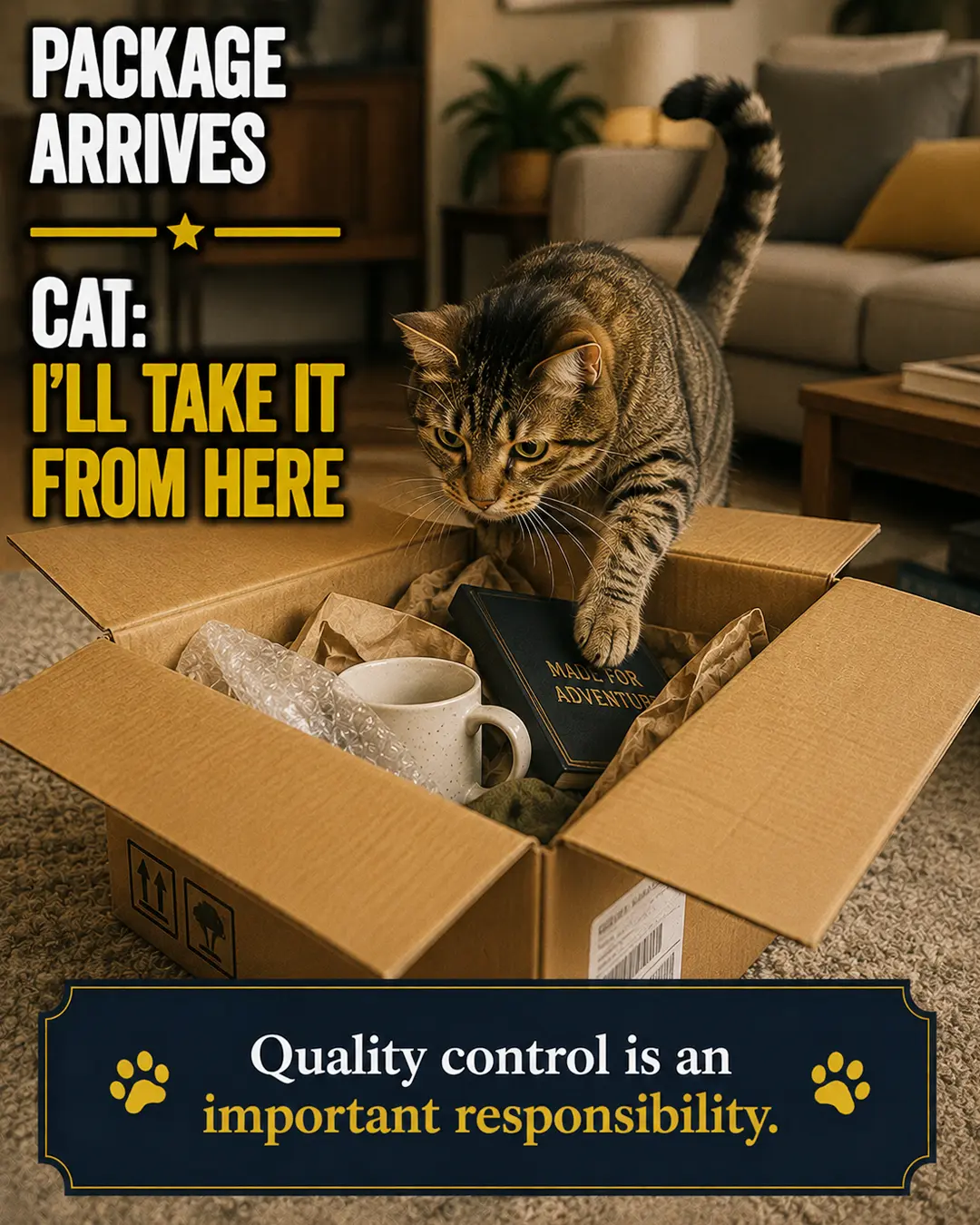 A curious cat climbs into a freshly opened delivery box before it is unpacked, taking immediate responsibility for quality control.