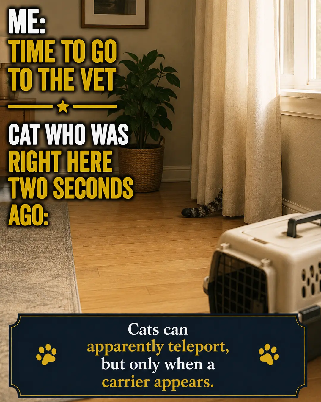 A cat seemingly vanishes the moment the carrier appears, leaving only the tip of its tail visible behind a curtain.