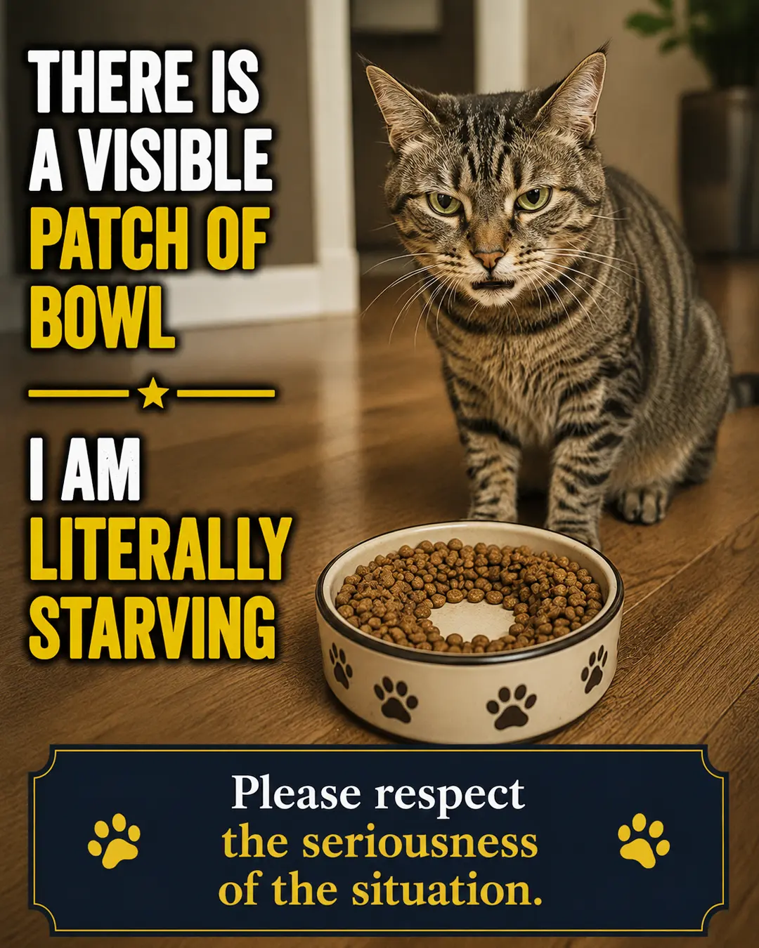 A displeased cat stares accusingly beside a mostly full food bowl, convinced that one visible empty patch means it is literally starving.
