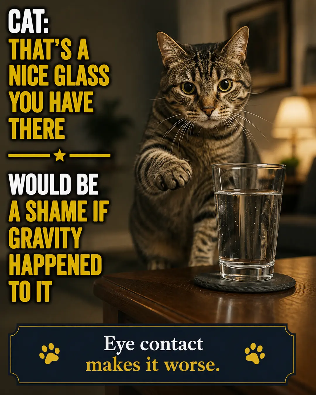 A mischievous cat hovers one paw beside a glass of water, maintaining eye contact as if daring gravity to do the rest.