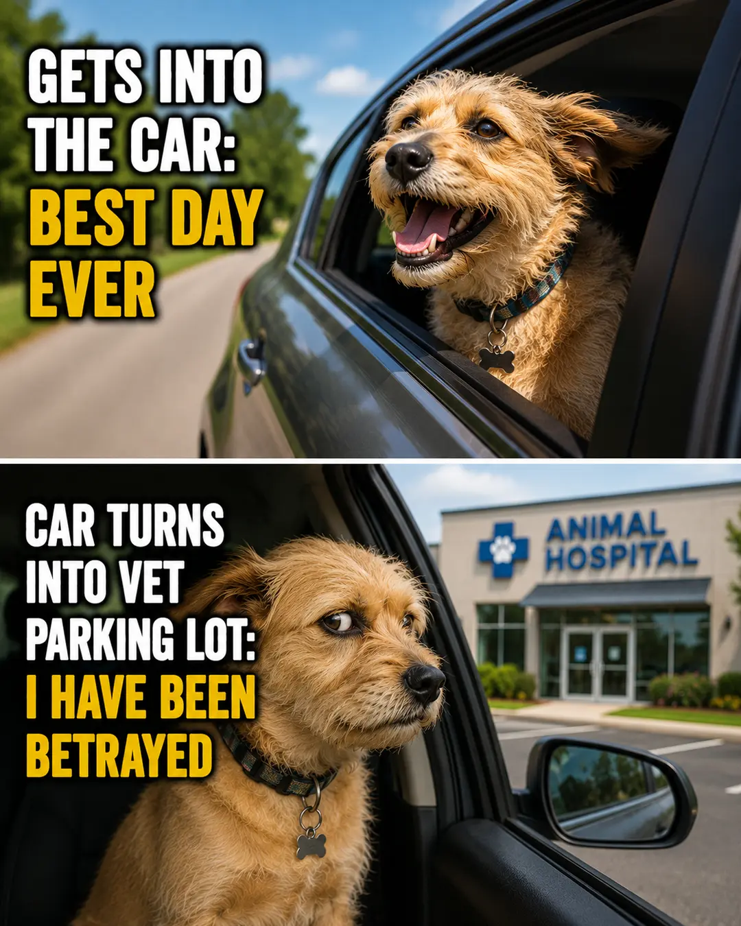 A dog’s joyful car ride turns into suspicious side-eye the moment it realizes the destination is the vet.