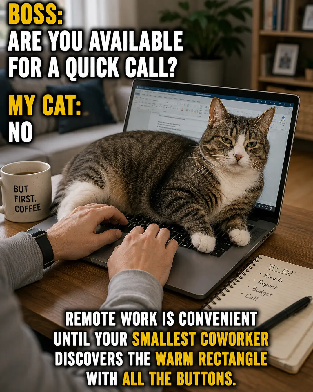 A cat sprawls across a laptop keyboard, overruling the boss and reminding us who really controls the work-from-home schedule.