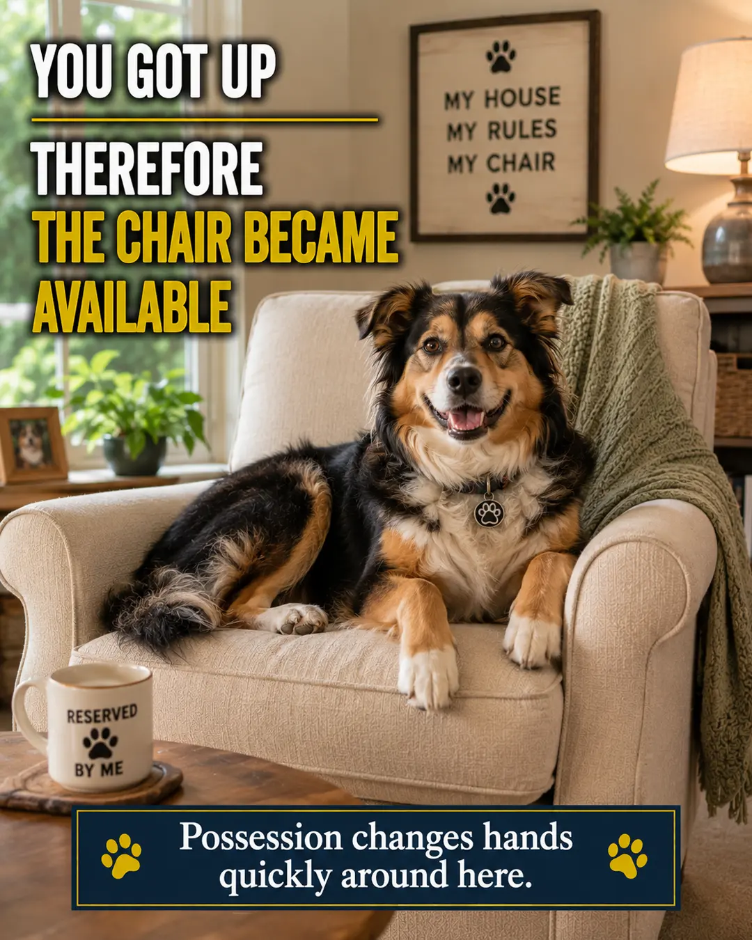 A proud dog immediately claims its owner's freshly vacated armchair, proving that an empty seat is considered available property.