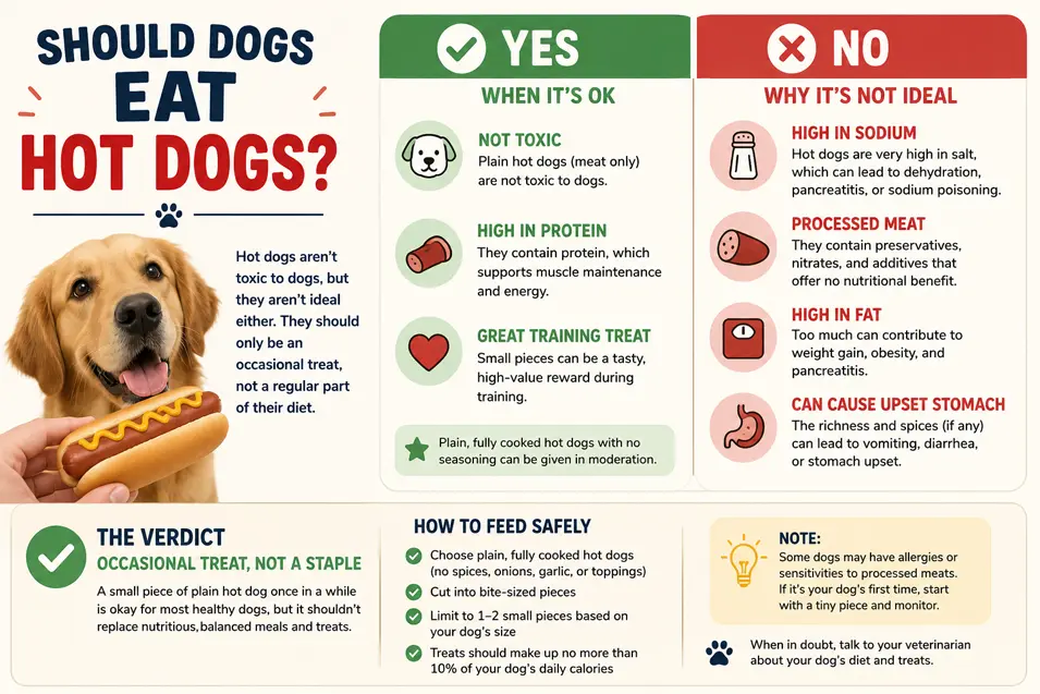 Infographic explaining why hot dogs should only be an occasional treat for dogs, with risks, benefits, and safe feeding tips.