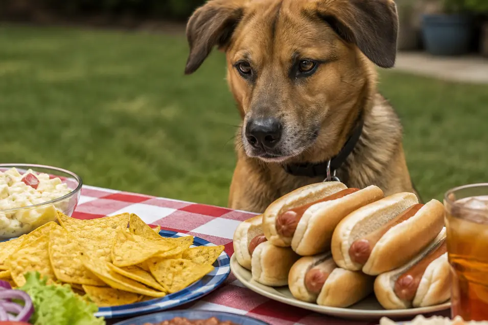 Mixed breed dog stares longingly at hot dogs and picnic favorites on a backyard table, capturing a tempting summer barbecue moment.