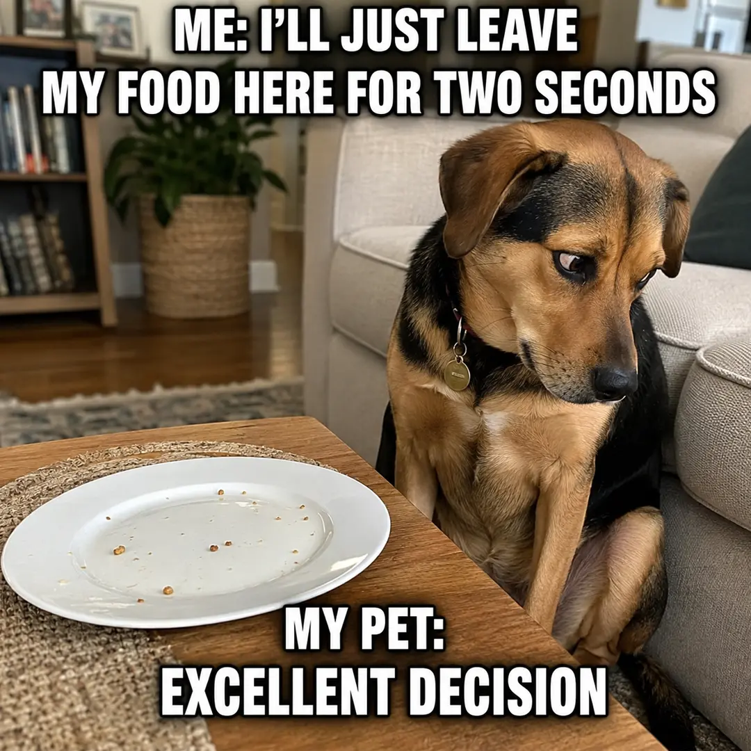 Guilty dog avoids eye contact beside an empty plate after taking advantage of food left unattended for just two seconds.
