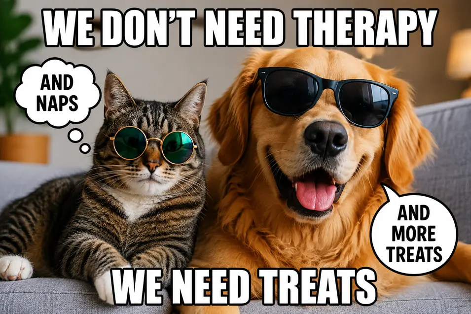 Humorous pet meme featuring a tabby cat and a golden retriever lounging on a couch while wearing sunglasses. Large caption text reads, “WE DON’T NEED THERAPY” at the top and “WE NEED TREATS” at the bottom, with speech bubbles adding “AND NAPS” for the cat and “AND MORE TREATS” for the dog. The image has a playful, lighthearted tone and celebrates pets’ love of treats and relaxation.