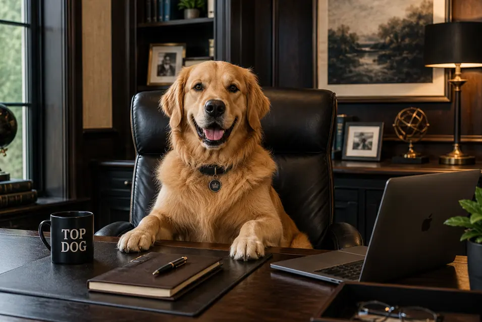 Golden retriever sitting behind a large wooden desk in a luxurious home office, facing the camera with a happy expression. The elegant workspace features dark wood paneling, a leather executive chair, a laptop, books, decorative accents, and a coffee mug labeled “TOP DOG,” creating a playful and sophisticated professional setting.