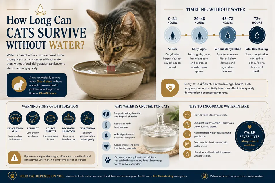 Infographic explaining how long cats can survive without water, dehydration warning signs, health risks, and tips for encouraging water intake.