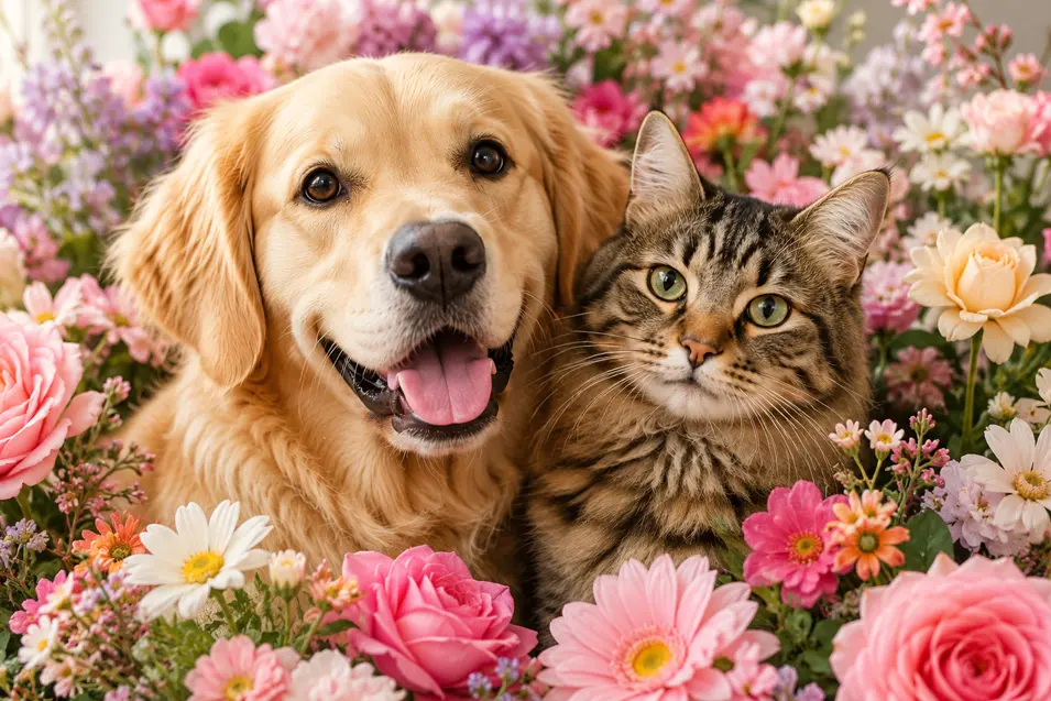 Golden retriever and fluffy tabby cat sitting closely together amid a vibrant garden of pink, white, peach, and purple flowers. The dog smiles with its tongue slightly out while the cat gazes calmly at the camera, creating a cheerful and heartwarming portrait surrounded by colorful blooms.