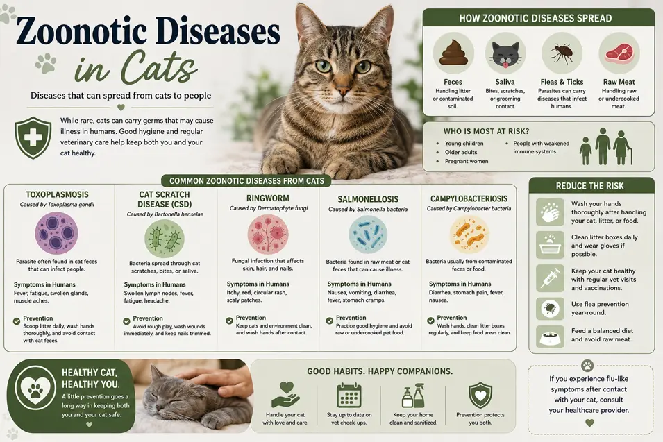 Infographic explaining common zoonotic diseases in cats, how they spread, who is most at risk, symptoms, and simple prevention tips.