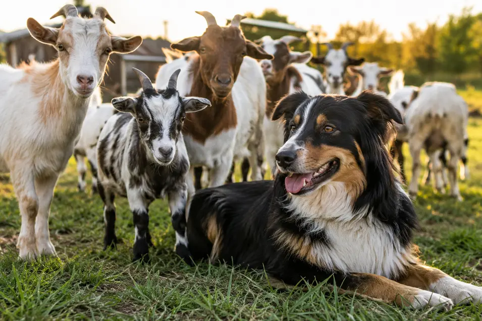 A friendly farm dog relaxes among curious goats in a sunlit pasture, capturing a peaceful countryside moment with warm golden-hour light and natural charm.