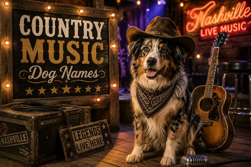 Country dog on a Nashville-style music stage with cowboy hat, guitar, microphone, neon lights and a rustic Country Music Dog Names sign.