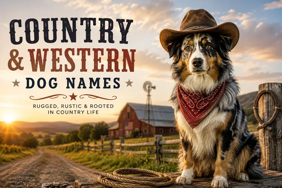 Australian Shepherd in a cowboy hat and bandana on a rustic ranch at sunset, with a barn, windmill, country road and Western dog names text.