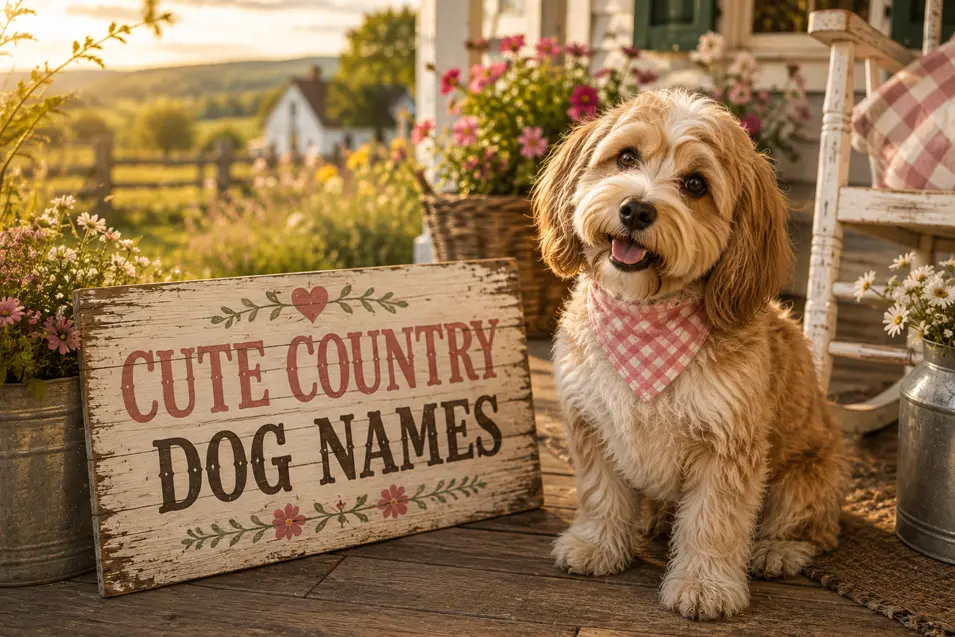 Cute country dog in a pink gingham bandana on a sunny farmhouse porch with flowers, rustic décor and a Cute Country Dog Names sign.
