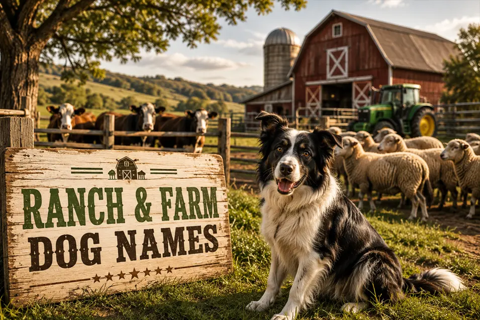 Border Collie on a working farm with sheep, cattle, red barn, tractor and a rustic Ranch & Farm Dog Names sign at golden hour.