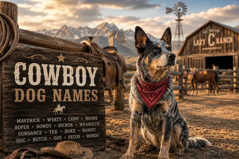 Blue Heeler on a Western ranch beside a Cowboy Dog Names sign, with horses, saddle, barn, windmill and mountains at sunset.
