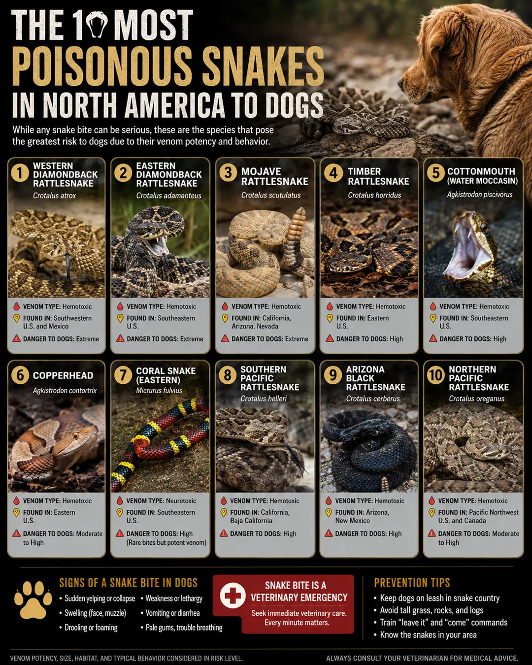 Top 10 venomous snakes in North America that pose the greatest danger to dogs, with species photos, bite risks, warning signs, and prevention tips.