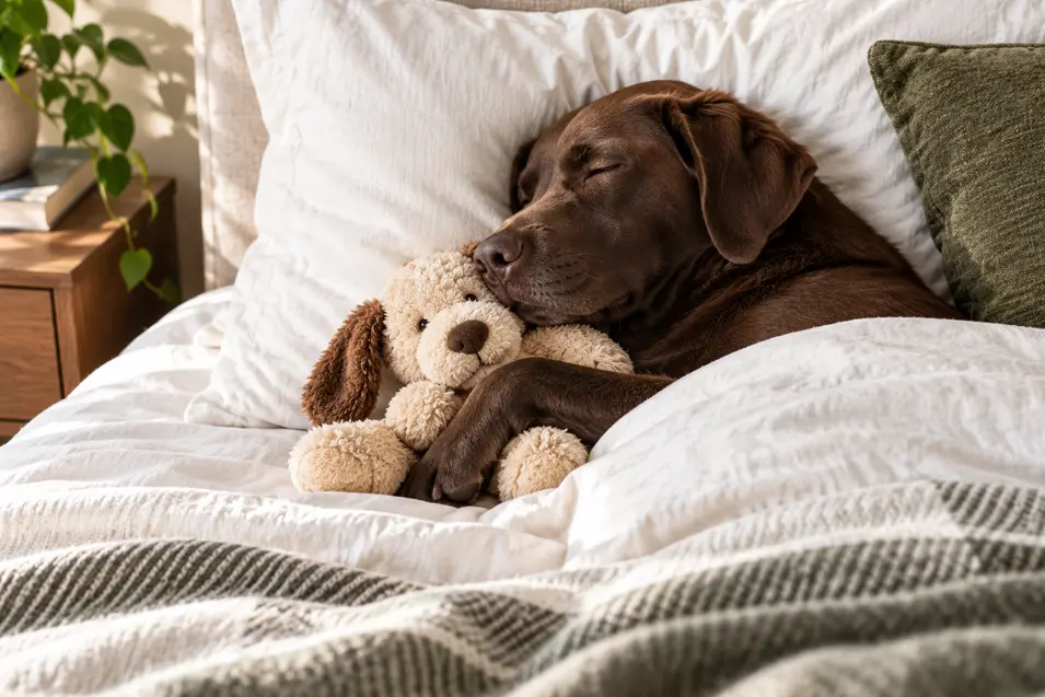 A chocolate Lab sleeps peacefully in a cozy bed, cuddling a plush dog beneath soft white bedding and warm morning light.