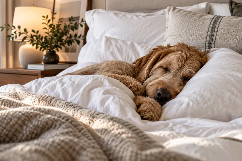 A sleepy dog snuggles into soft white bedding in a warm, beautifully styled bedroom filled with natural light.