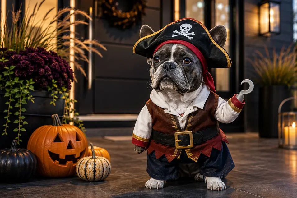 A French Bulldog dressed as a pirate poses on a stylish Halloween porch surrounded by pumpkins, lanterns and warm autumn décor.