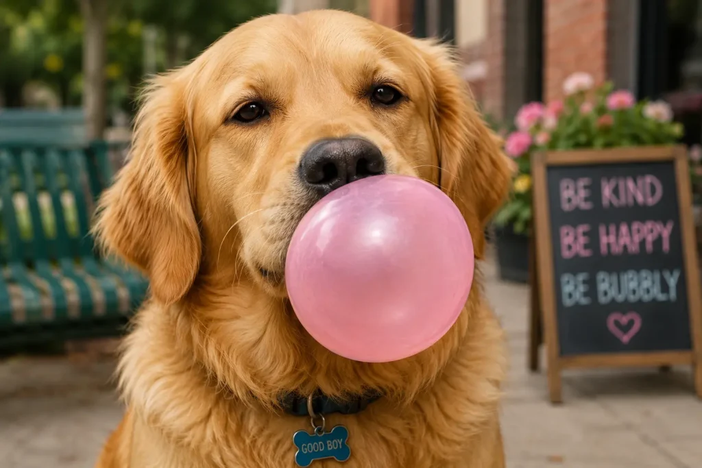 Golden Retriever playfully blows a pink bubble gum bubble outdoors, creating a fun, lighthearted scene with a cheerful expression.