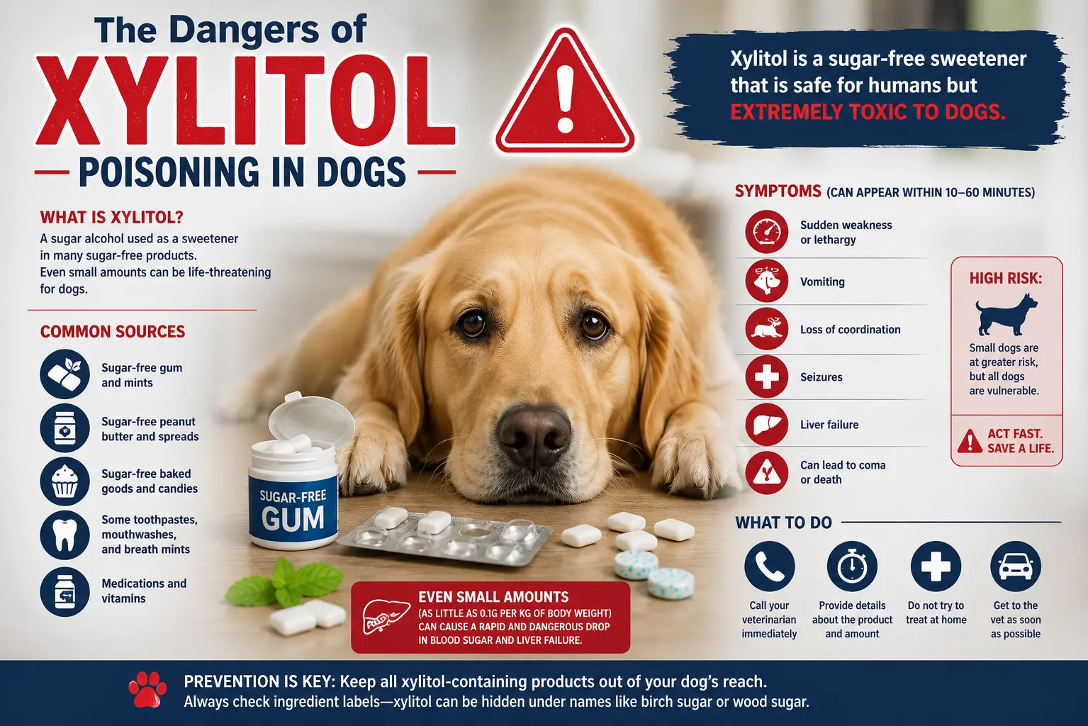 Infographic showing the dangers of xylitol poisoning in dogs, including toxic foods, symptoms, emergency steps, and prevention tips.