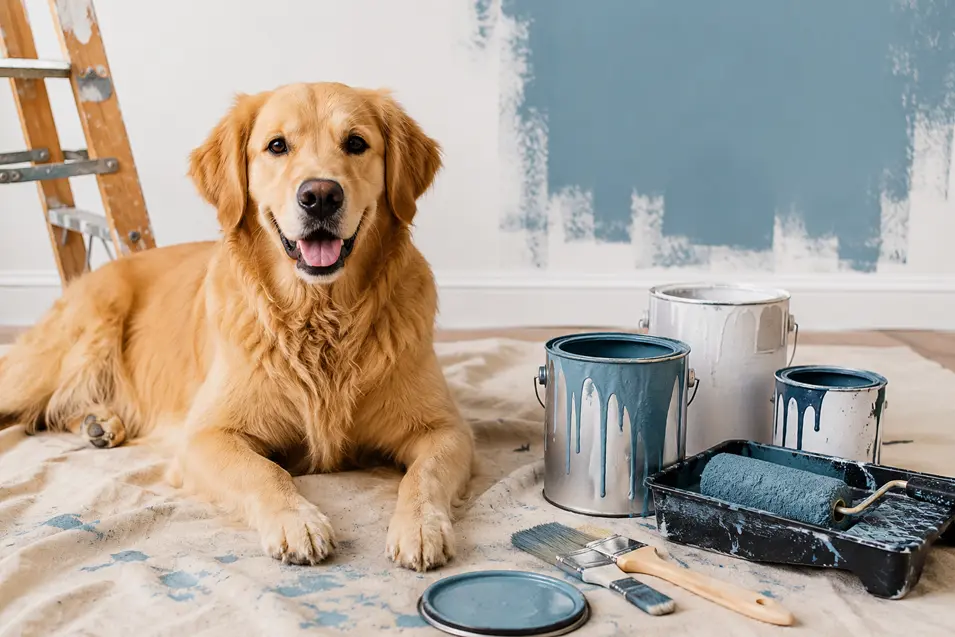 Golden retriever lying on a protective drop cloth beside paint cans, brushes, and a paint roller during a home painting project. The dog looks happily at the camera while a partially painted blue wall and a ladder in the background create a bright, cheerful renovation scene.