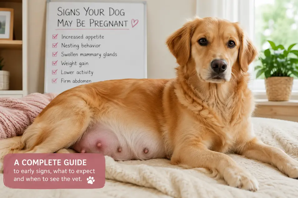 Pregnant dog rests comfortably beside a checklist showing common signs of pregnancy, including weight gain, nesting and lower activity.