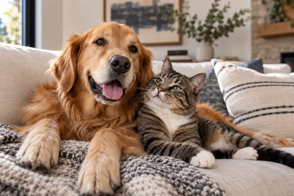 A Golden Retriever and tabby cat relax together on a cozy sofa, settling the dogs-versus-cats debate by looking perfectly happy together.