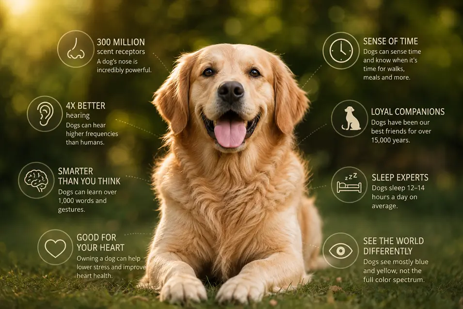 Golden Retriever surrounded by illustrated dog statistics highlighting scent, hearing, intelligence, sleep, vision and companionship.
