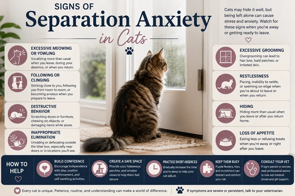 Infographic showing the common signs of separation anxiety in cats, with practical tips to reduce stress and help your cat feel safe when home alone.