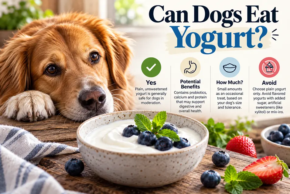 A dog looks toward a bowl of yogurt in an infographic explaining that plain, unsweetened yogurt can be a safe occasional treat for dogs.