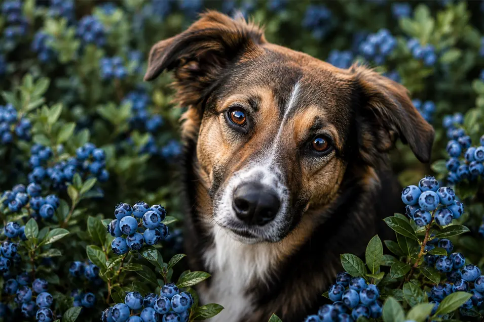 Magazine-quality close-up of a mixed-breed dog surrounded by ripe blueberries, with vibrant foliage and a soft, natural background blur.