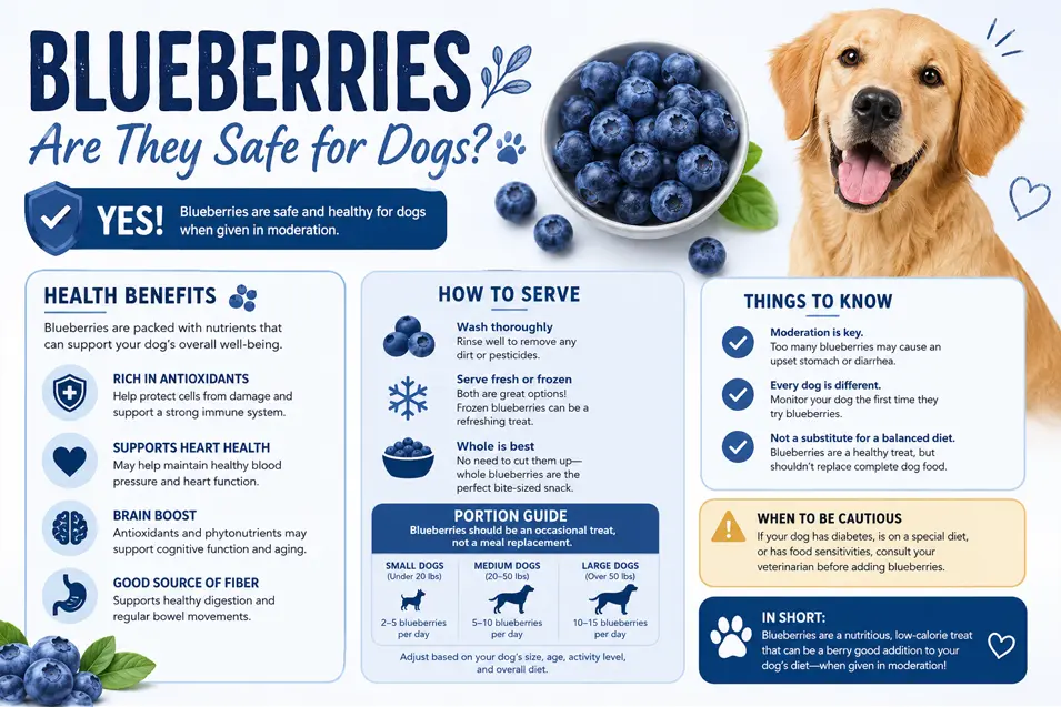 Infographic explaining that blueberries are safe for dogs in moderation, with health benefits, serving tips, portion sizes, and important safety advice.