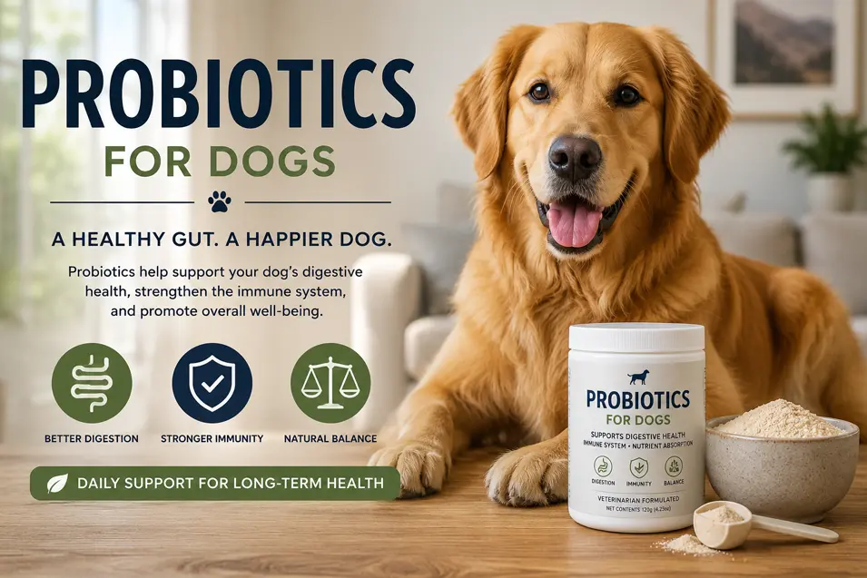 A happy Golden Retriever sits beside a container of dog probiotics and a bowl of powder in a bright modern home, with bold text highlighting digestive health, immunity, and daily wellness benefits.