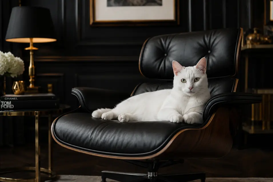 A white cat lounges on a black leather chair in a luxurious, moody interior with warm brass accents and elegant décor.