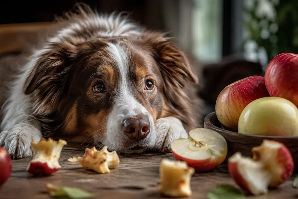 Photorealistic dog resting beside fresh apples and apple cores on a rustic table, with warm natural light and a cozy, magazine-quality kitchen setting.