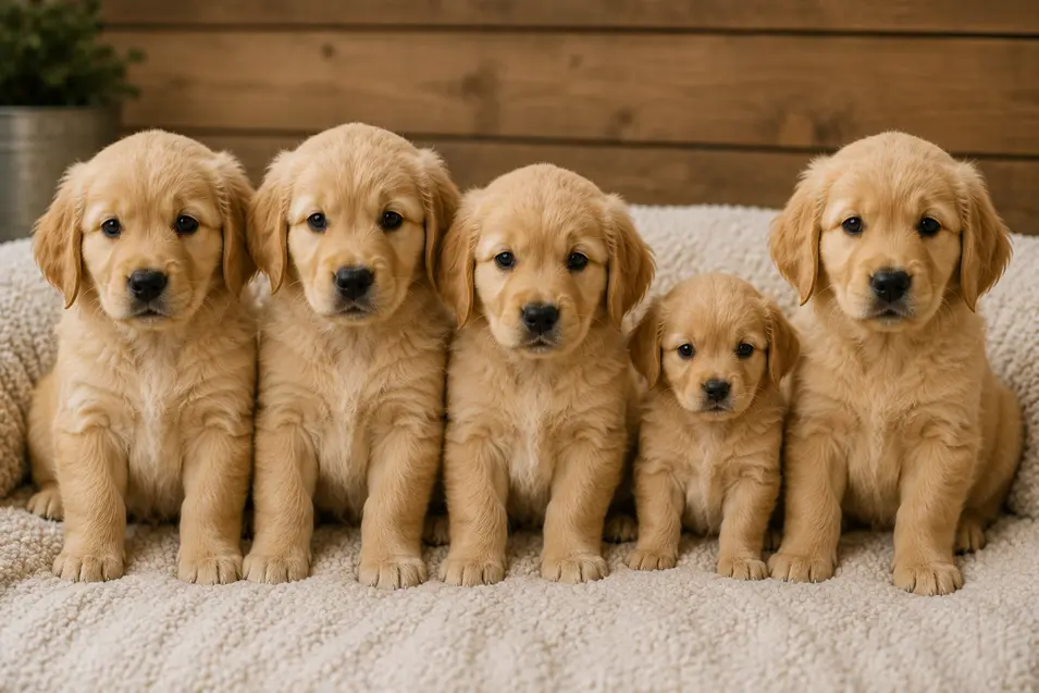 A litter of Golden Retriever puppies sits together, with one pup noticeably smaller than its siblings.