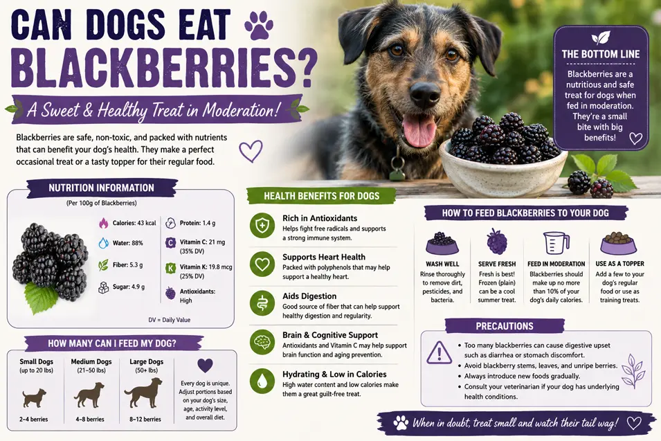 Infographic explaining blackberry nutrition, health benefits, serving sizes and safety tips for dogs, featuring a happy mixed-breed dog.