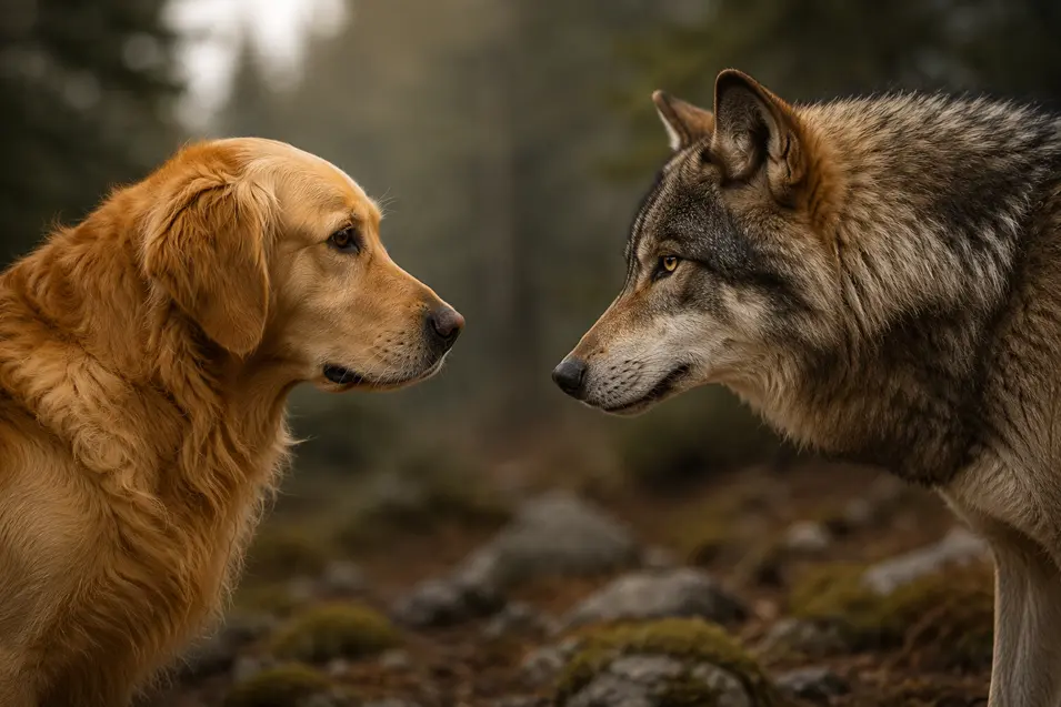 A Golden Retriever and gray wolf face one another in a misty forest, highlighting the striking differences between dogs and wolves.