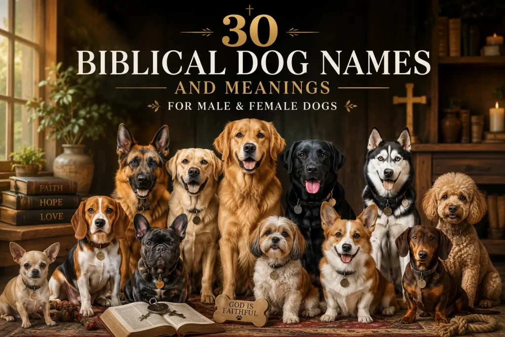 This image is a warm, inviting promotional graphic for an article about biblical dog names. It combines faith, companionship, and a variety of popular dog breeds in a cozy, church-inspired setting.