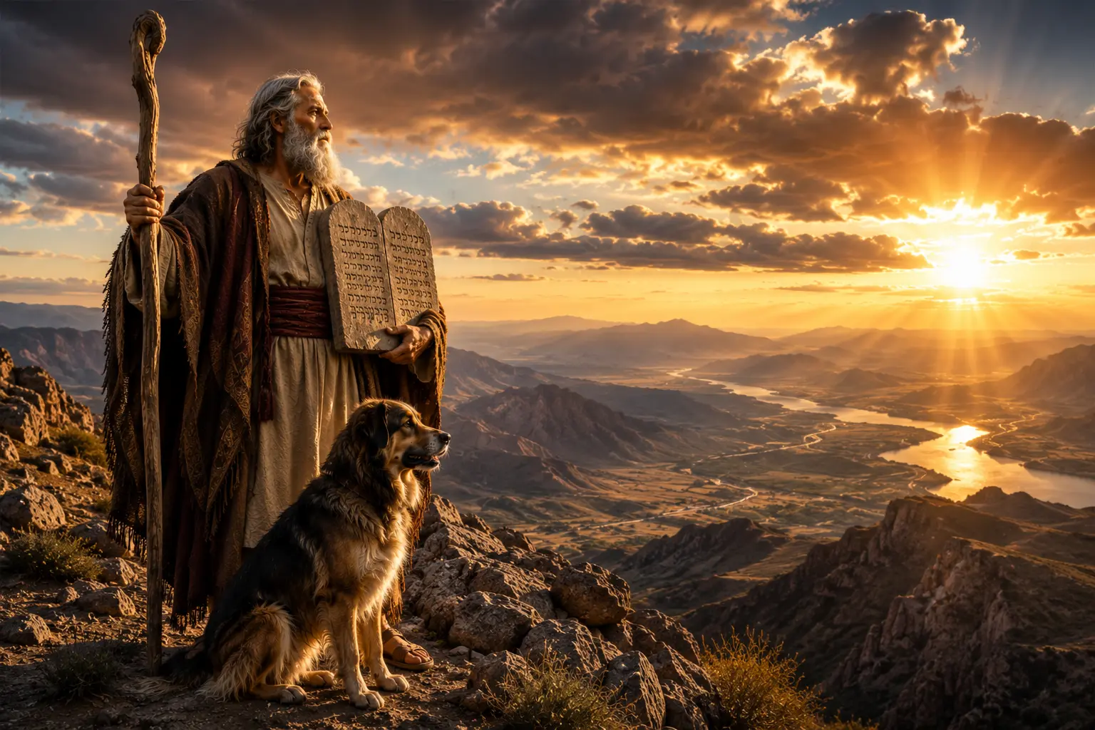 Moses stands with his faithful dog atop a mountain at sunrise, holding the Ten Commandments as golden light illuminates the valleys below.